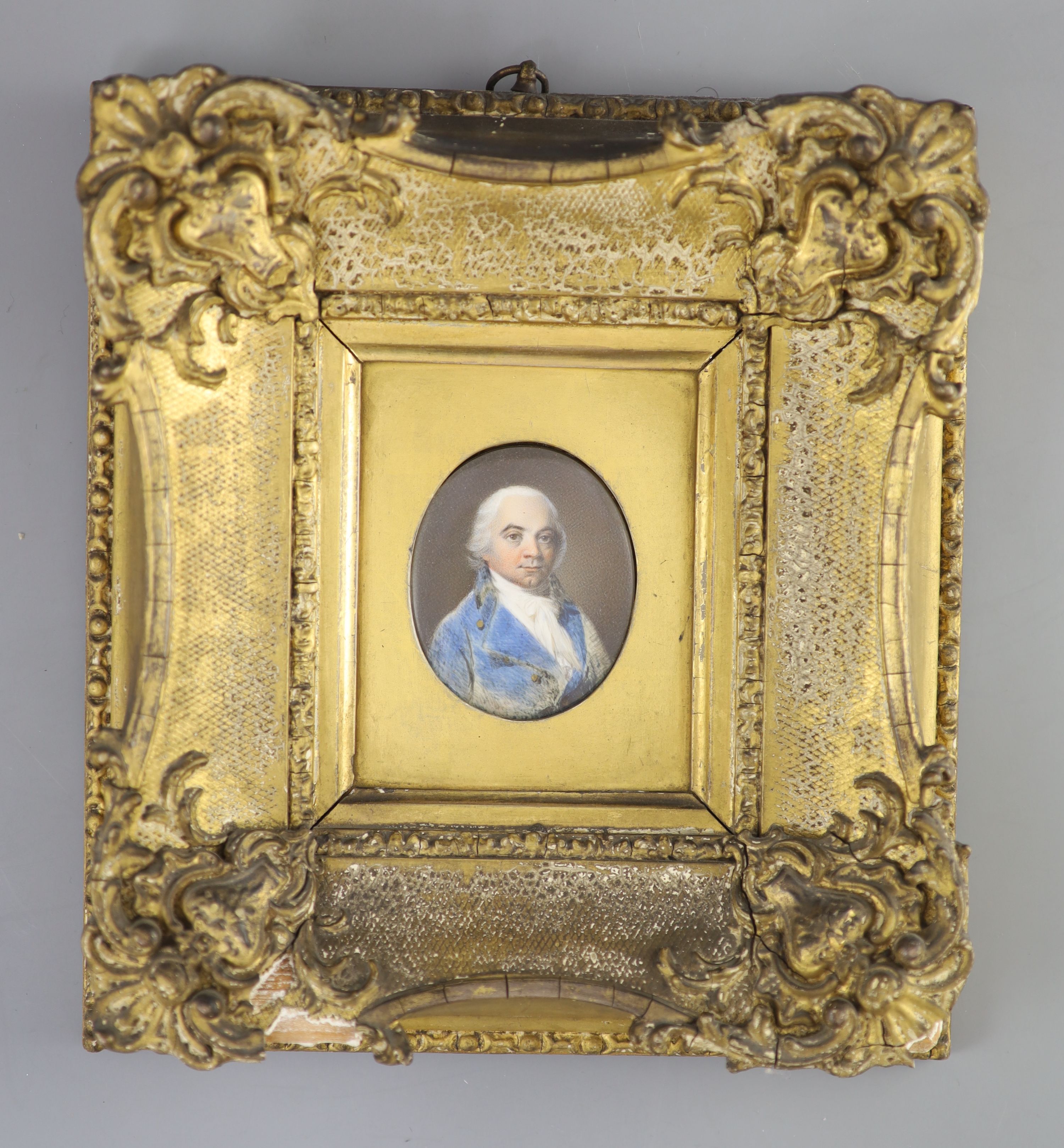 19th century English School , Miniature Portrait of the father of General Charretie, Watercolour on ivory, 7 x 5.5 cm
